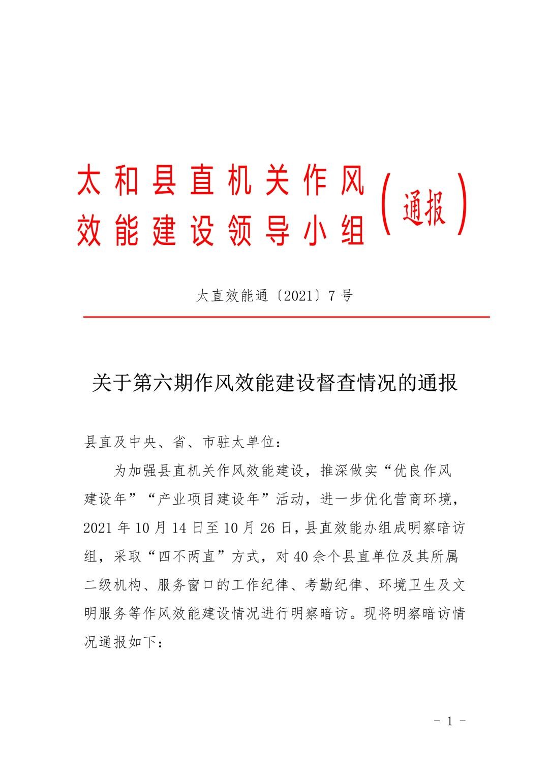 关于第六期作风效能建设督查情况的通报太直效能通20217号